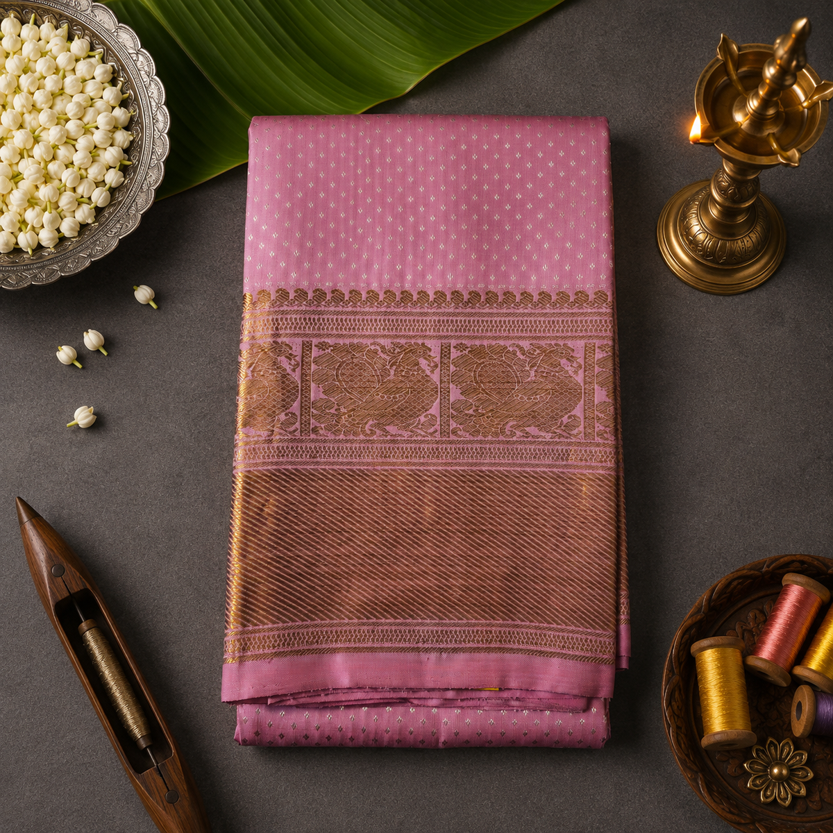 Blush Royale Kanchipuram Silk Dupatta with Handwoven Silver-Gold Zari Border
