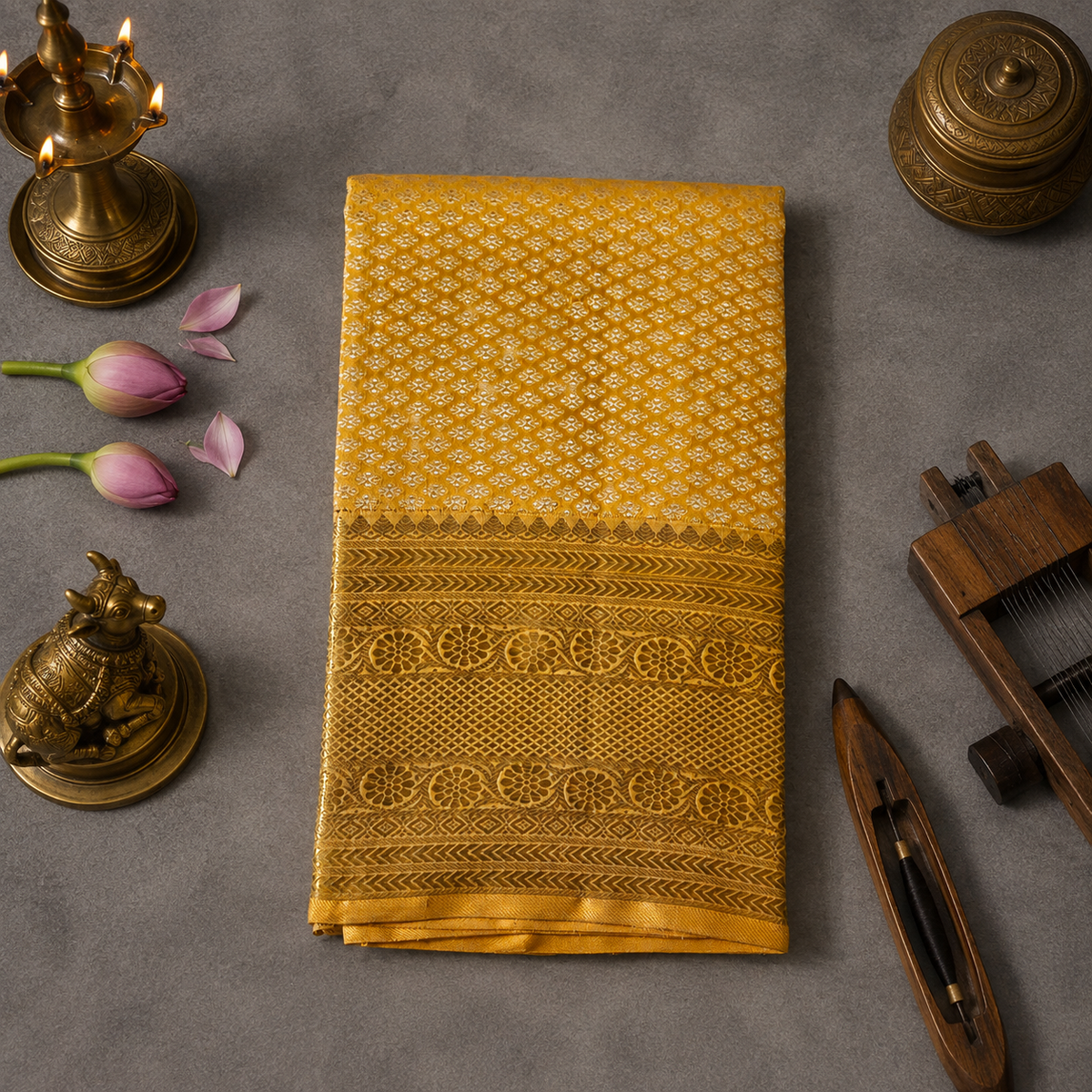 Saffron Royale Kanchipuram Silk Dupatta with Handwoven Silver-Gold Zari Border