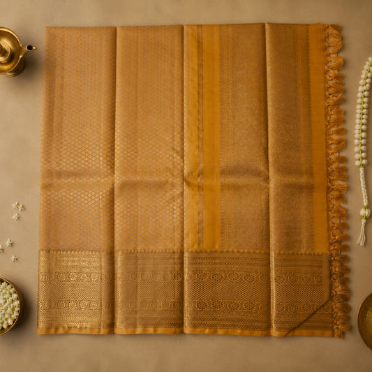 Saffron Royale Kanchipuram Silk Dupatta with Handwoven Silver-Gold Zari Border