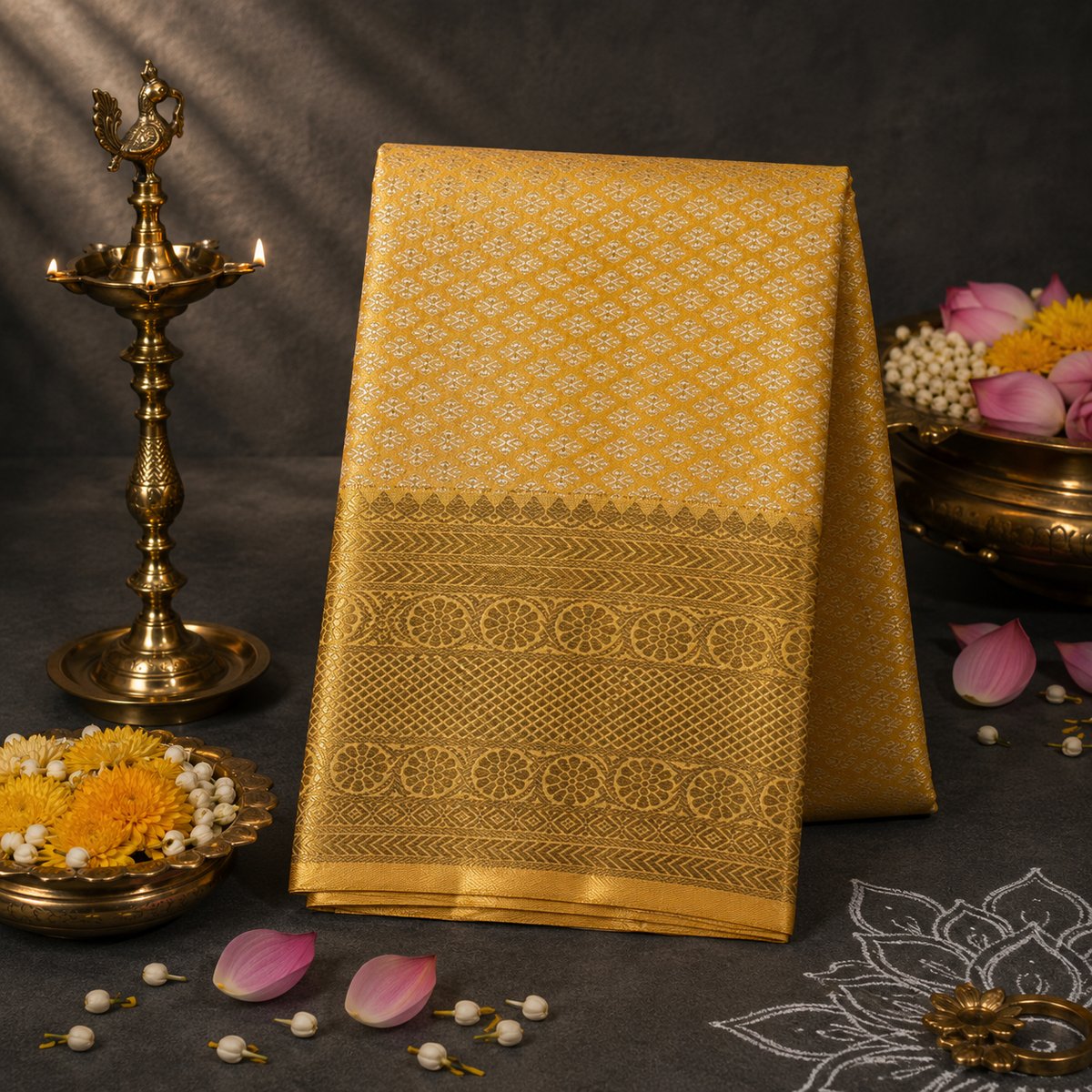 Saffron Royale Kanchipuram Silk Dupatta with Handwoven Silver-Gold Zari Border