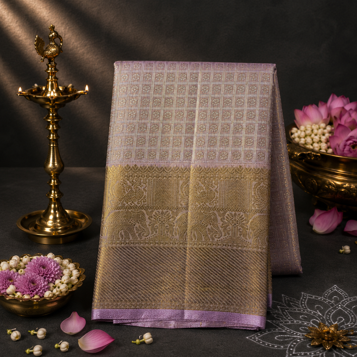 Champagne Royale Kanchipuram Silk Dupatta with Handwoven Silver-Gold Zari Border