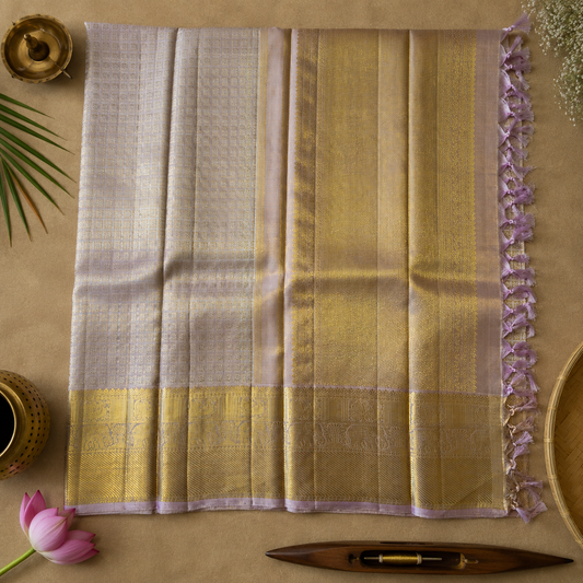 Champagne Royale Kanchipuram Silk Dupatta with Handwoven Silver-Gold Zari Border