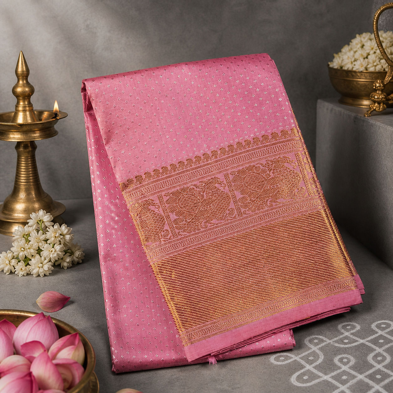 Blush Royale Kancheepuram Silk Dupatta with Handwoven Silver-Gold Zari Border