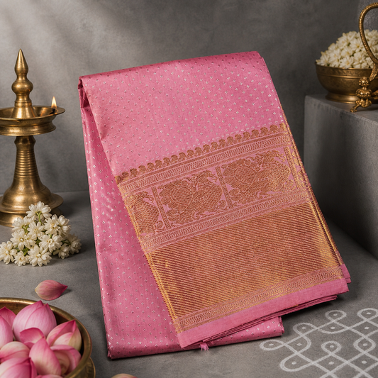 Blush Royale Kancheepuram Silk Dupatta with Handwoven Silver-Gold Zari Border