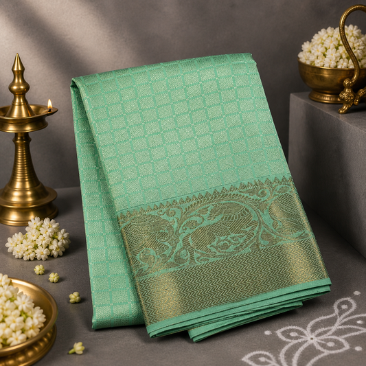 Emerald Royale Kancheepuram Silk Dupatta with Handwoven Silver-Gold Zari Border