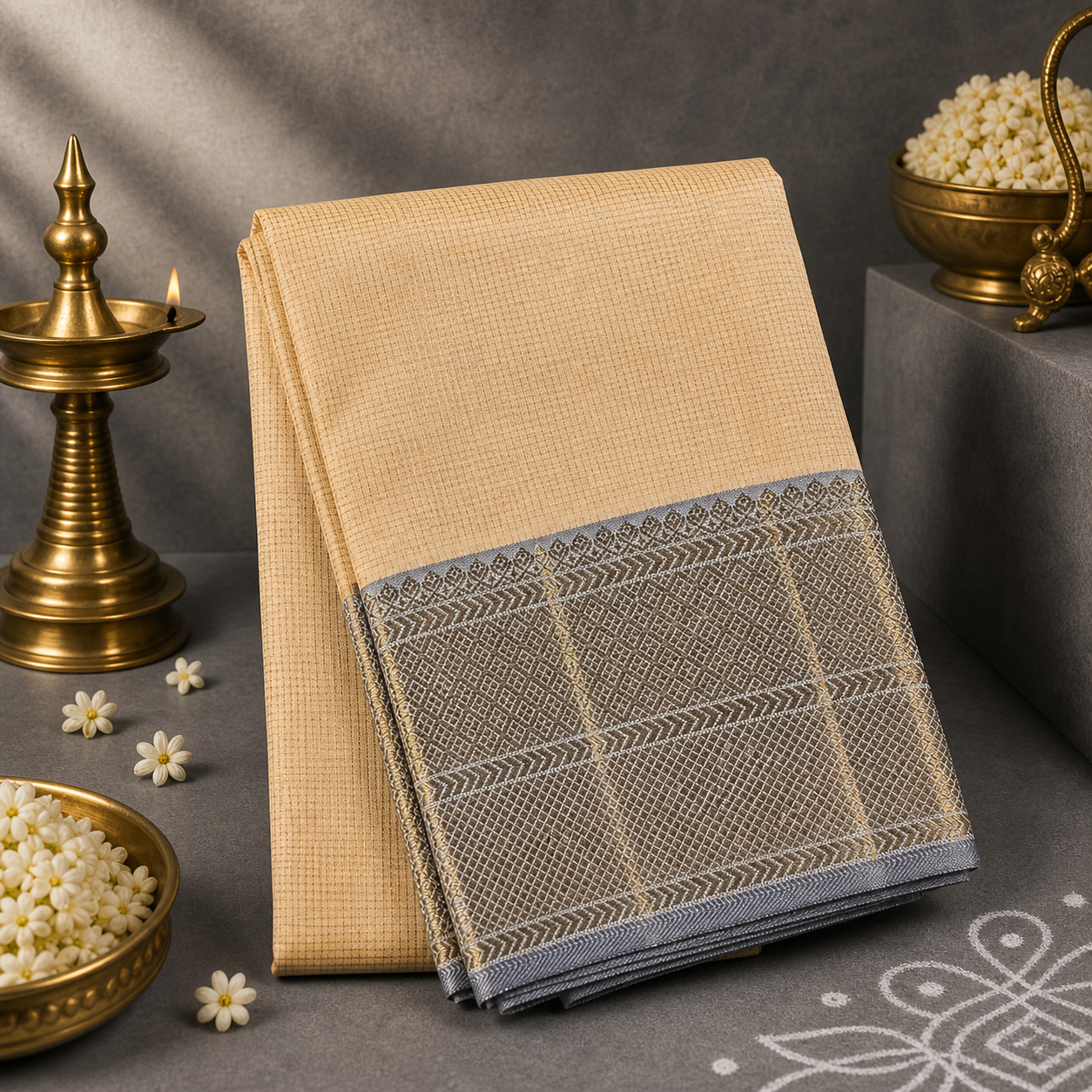 Ivory Royale Kancheepuram Silk Dupatta with Handwoven Silver-Gold Zari Border