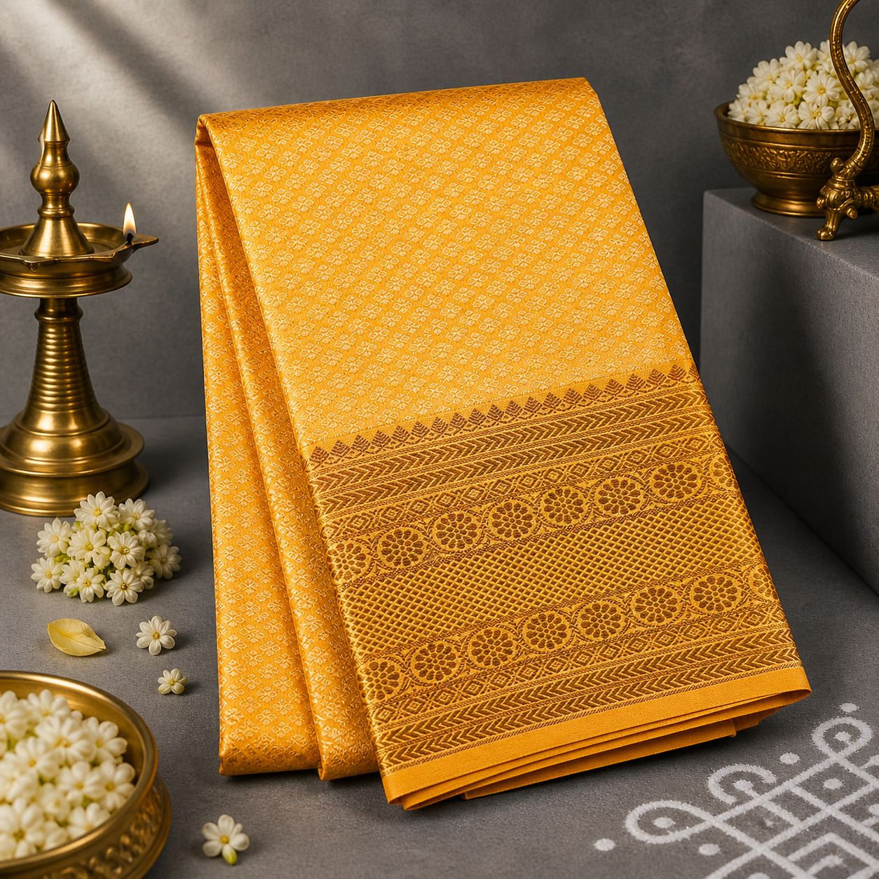 Saffron Royale Kancheepuram Silk Dupatta with Handwoven Silver-Gold Zari Border