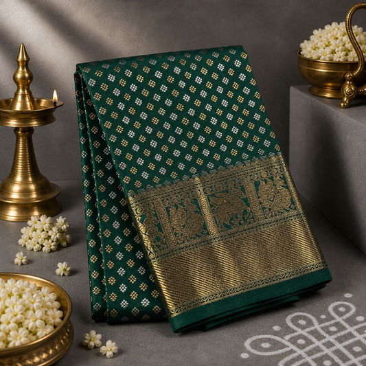 Forest Royale Kancheepuram Silk Dupatta with Handwoven Silver-Gold Zari Border