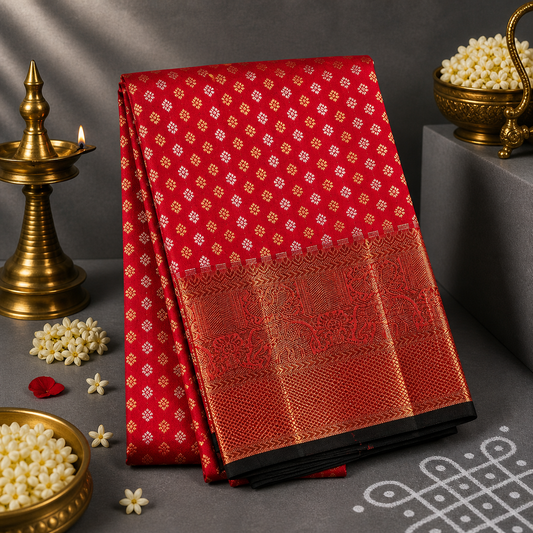 Crimson Royale Kancheepuram Silk Dupatta with Handwoven Silver-Gold Zari Border