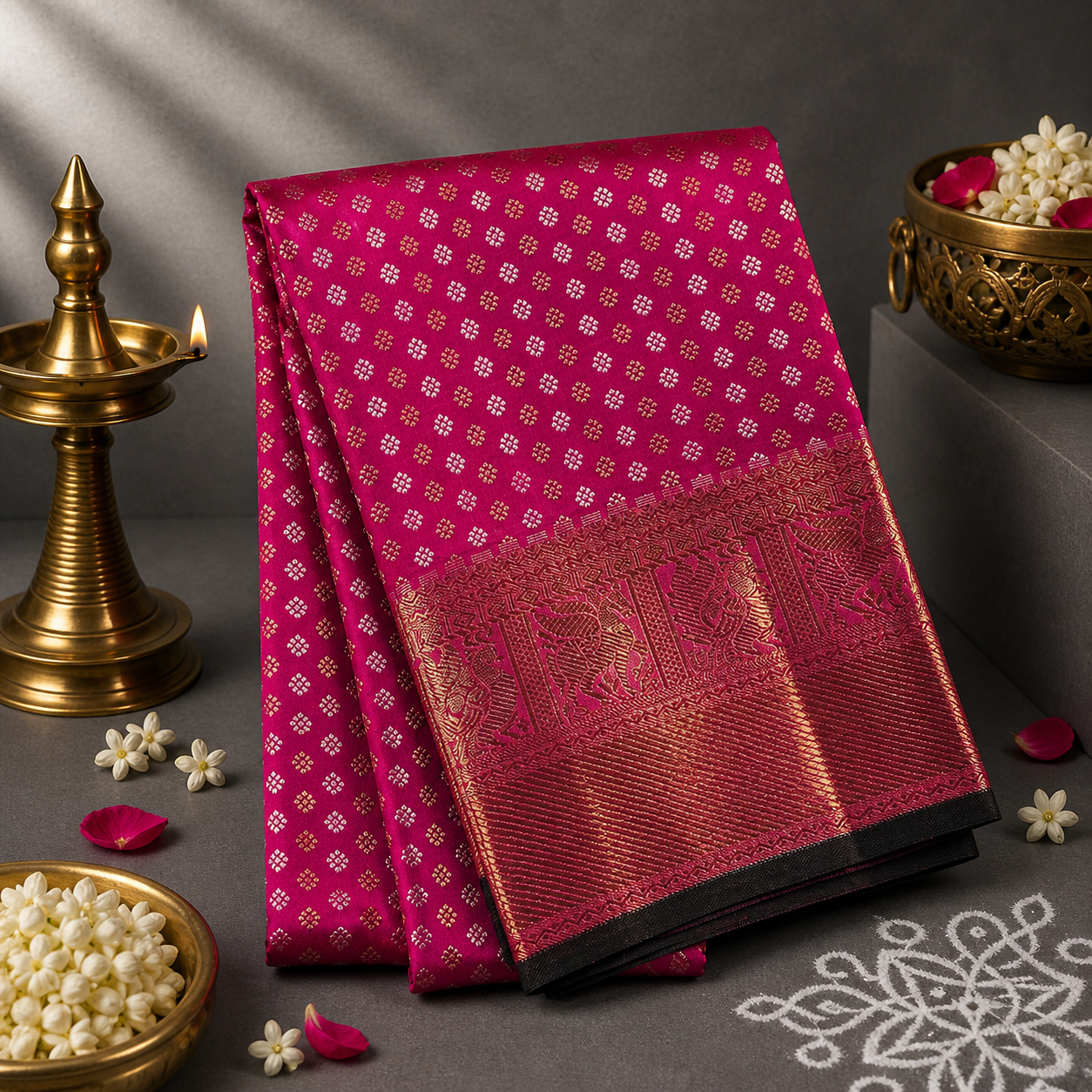 Ruby Royale Kancheepuram Silk Dupatta with Handwoven Silver-Gold Zari Border