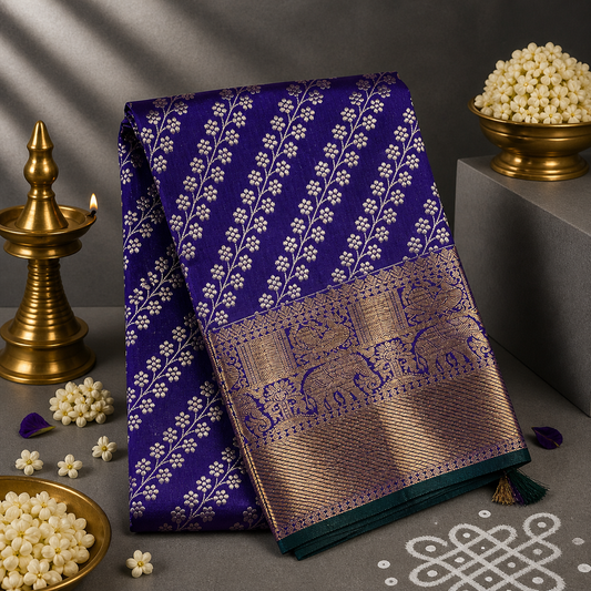Royal Indigo Kancheepuram Silk Dupatta with Handwoven Silver-Gold Zari Border