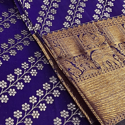 Royal Indigo Kancheepuram Silk Dupatta with Handwoven Silver-Gold Zari Border