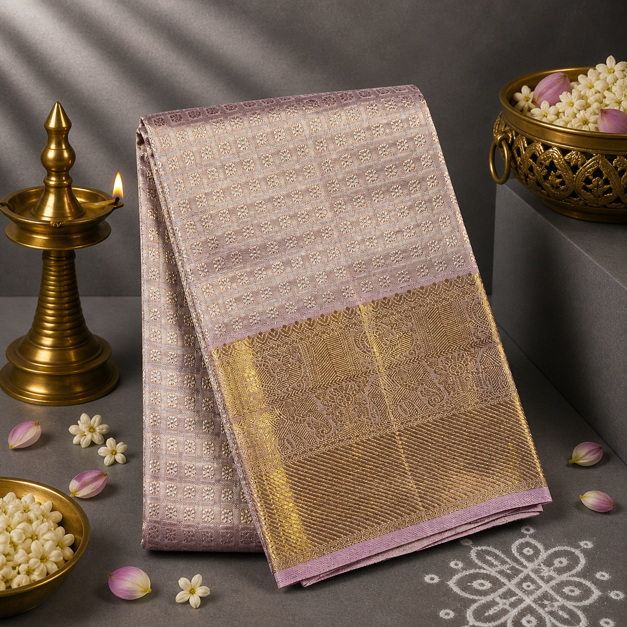 Champagne Royale Kancheepuram Silk Dupatta with Handwoven Silver-Gold Zari Border